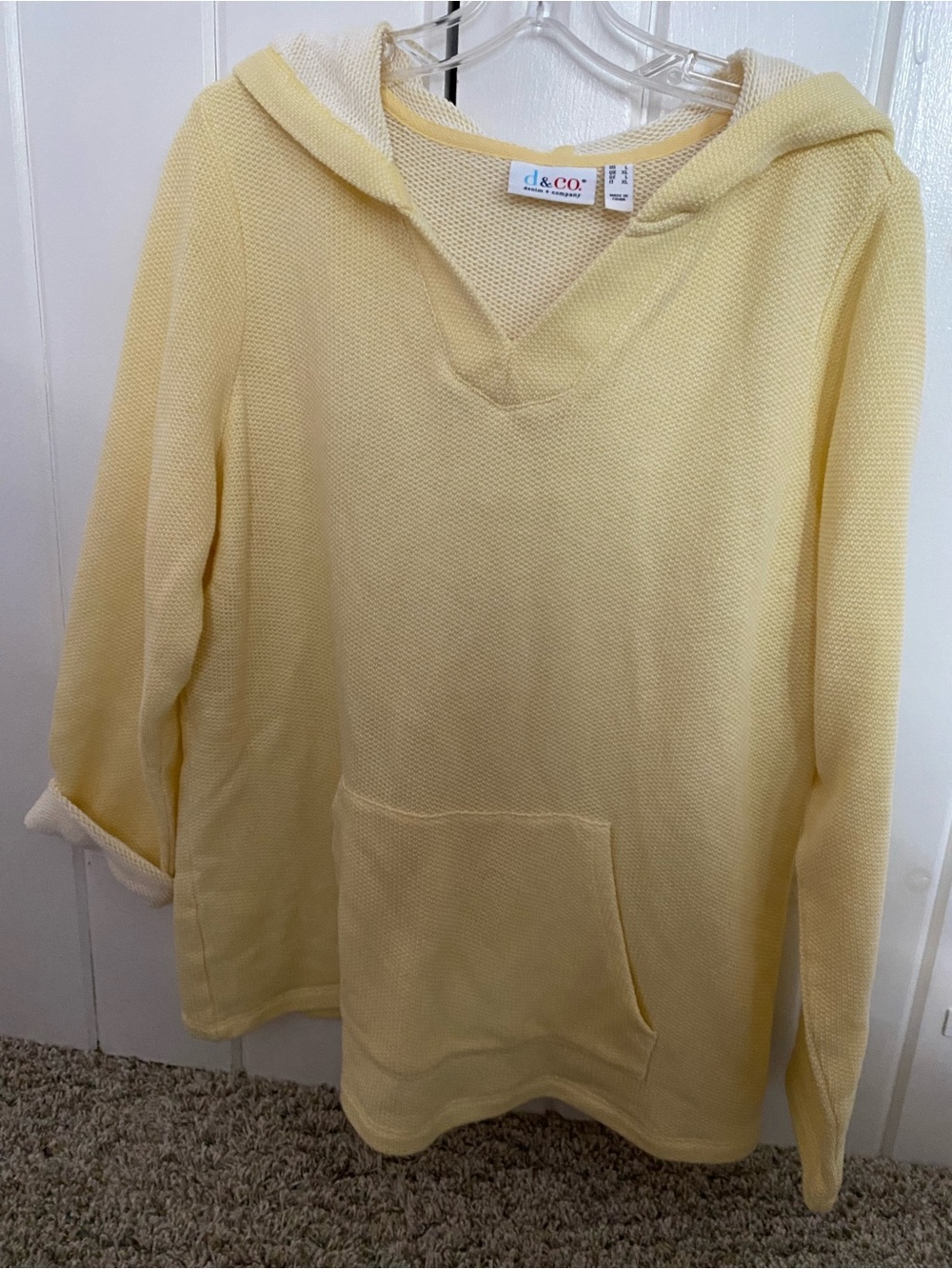 Light yellow French terry notch-neck hooded pullover by Denim & Co
